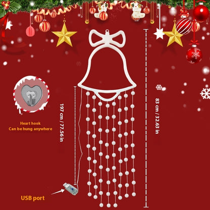 White Christmas bell hanging decoration with LED string lights and USB power on red festive background