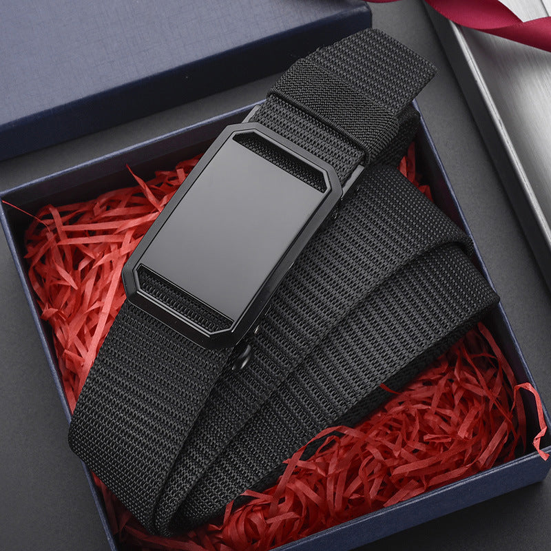 Black durable canvas belt with electroplated iron automatic buckle in gift box with red paper
