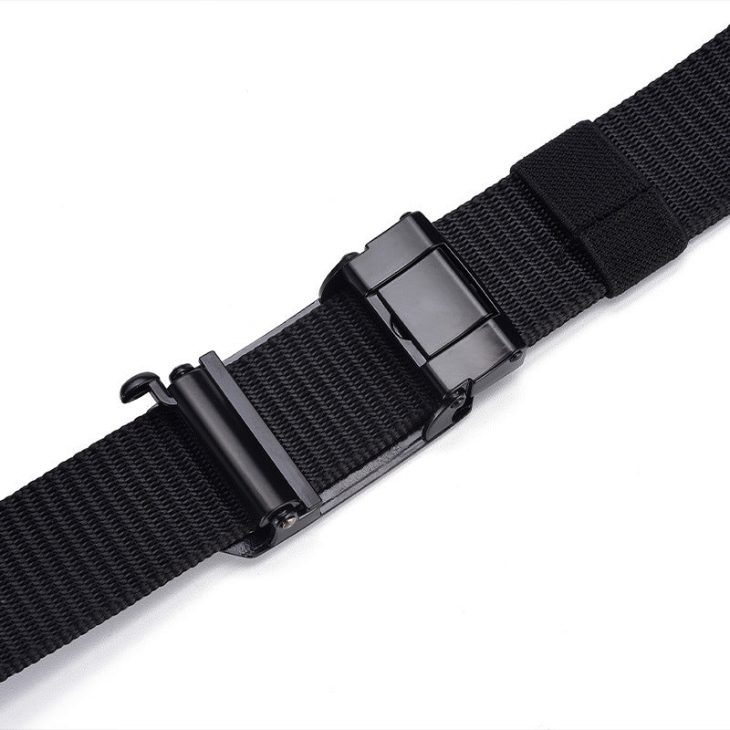 Black 120cm durable canvas belt with automatic electroplated iron buckle on white background