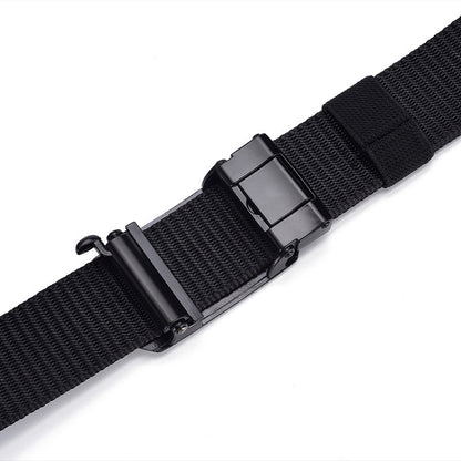 Black 120cm durable canvas belt with automatic electroplated iron buckle on white background