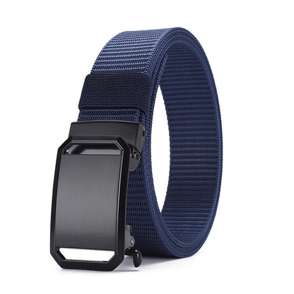 Navy blue durable canvas belt with a sleek black automatic buckle on white background