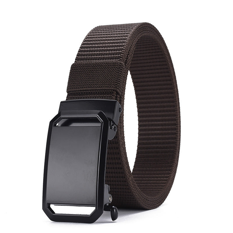 Black automatic buckle canvas belt with electroplated iron buckle, 120cm length