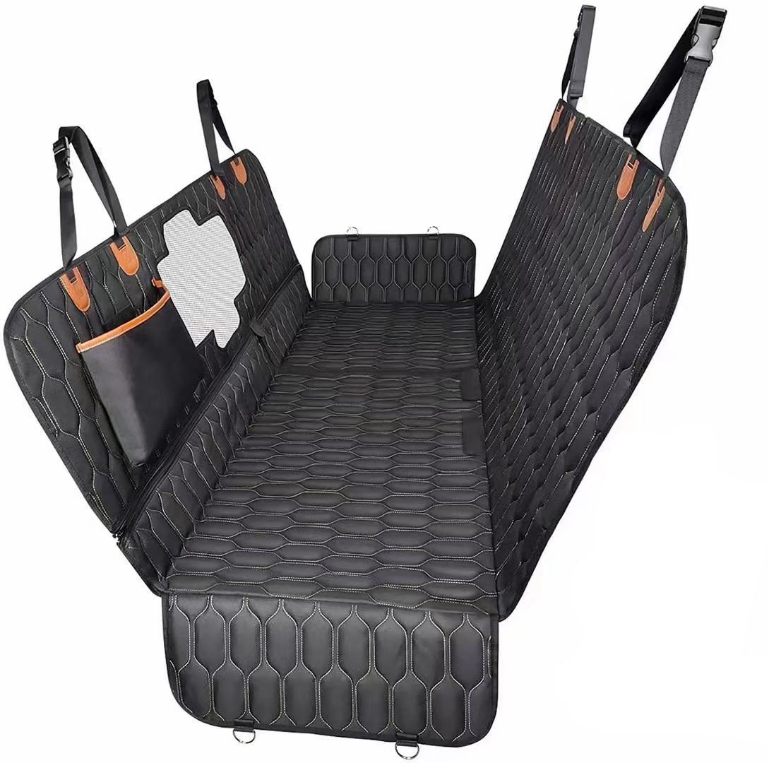 Black durable pet car mat with quilted design, side pockets, mesh window, and adjustable straps