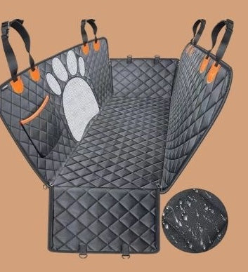 black quilted dog car seat cover with white paw print and orange accents, waterproof PET material