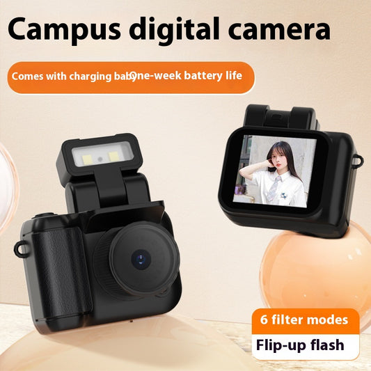 Campus digital camera with flip-up flash and LCD screen showing a young woman photo, black compact design
