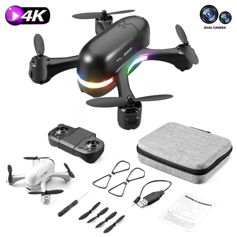 Black and white Trendoligy S88 mini drone with 4K dual camera, remote control, propellers, carrying case, and accessories
