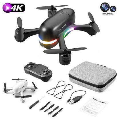 Black and white Trendoligy S88 mini drone with 4K dual camera, remote control, propellers, carrying case, and accessories