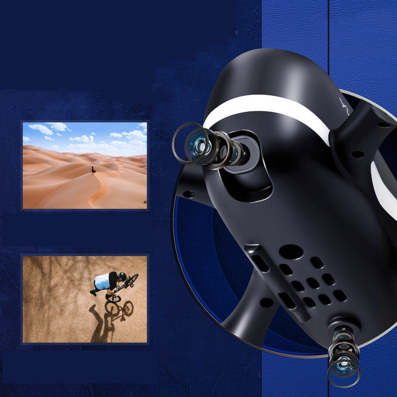 Close-up of black mini drone with dual 4K HD cameras and aerial photos of desert and cyclist