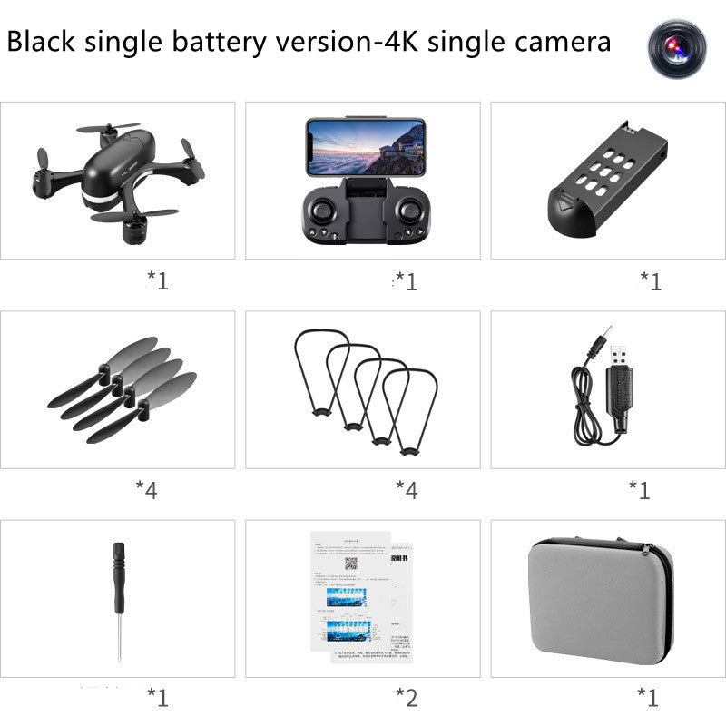 Black 4K single camera mini drone with remote controller, battery, propellers, guards, charger, screwdriver, manual, and carrying case