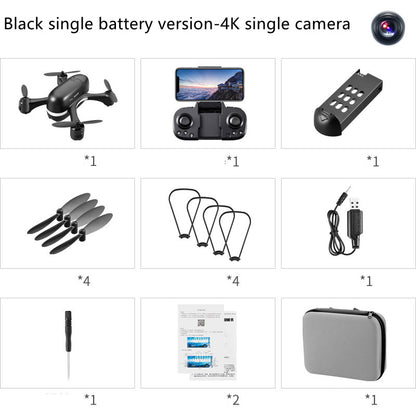 Black 4K single camera mini drone with remote controller, battery, propellers, guards, charger, screwdriver, manual, and carrying case