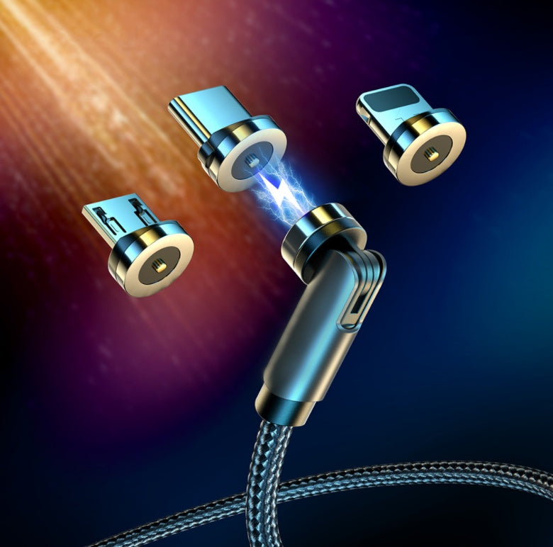 Magnetic USB-C charging cable with 360-degree rotating braided wire and three connector tips for Apple, USB-C, and Micro USB