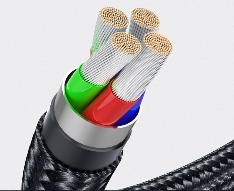 Close-up of durable USB cable with four color-coded internal wires and braided black outer sheath