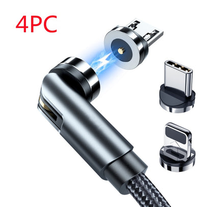 4-piece black magnetic USB charging cable with 360° rotating connector and USB-C and micro USB adapters