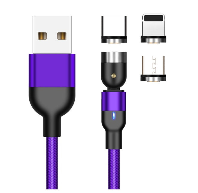 Purple braided magnetic USB cable with USB-A connector and three interchangeable magnetic tips: USB-C, Lightning, and Micro USB