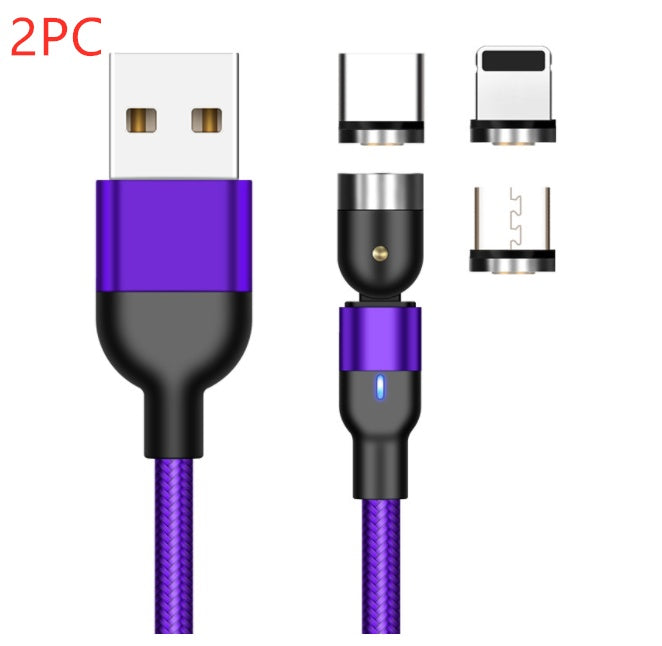 Purple magnetic USB charging cable with 360° rotating connector and three interchangeable tips