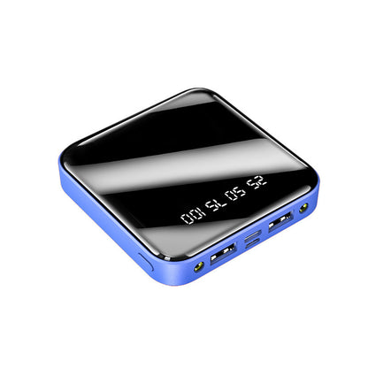 Compact black and blue 20000mAh mini power bank with digital battery display and dual USB ports