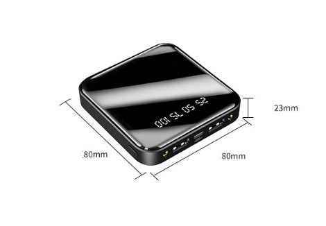 Black 20000mAh mini power bank with digital battery display, 80x80x23mm compact portable charger