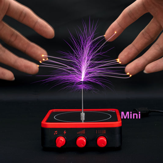 Mini Tesla coil physics toy with purple electric arcs touching fingertips, black and red base controls