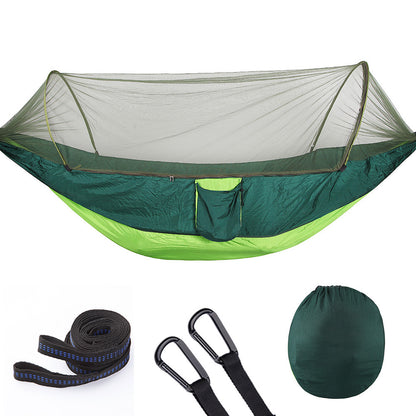 Green and lime automatic camping hammock with mosquito net, straps, carabiners, and storage bag