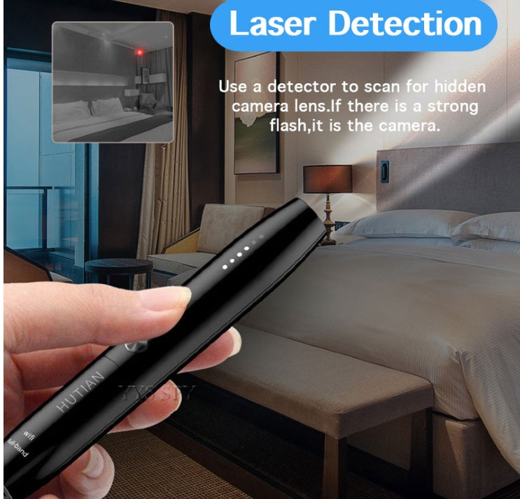 Hand holding black HUTIAN spy detector scanning a modern hotel room for hidden cameras using laser detection