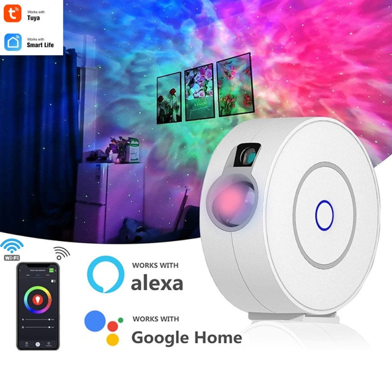 Smart starry sky projector lamp displaying colorful galaxy light on room wall with Alexa and Google Home compatibility