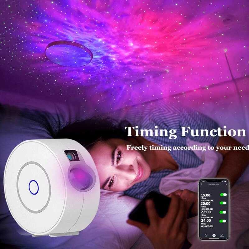 Smart starry sky projector lamp casting purple and blue galaxy lights on bedroom ceiling with woman using phone and timing function app