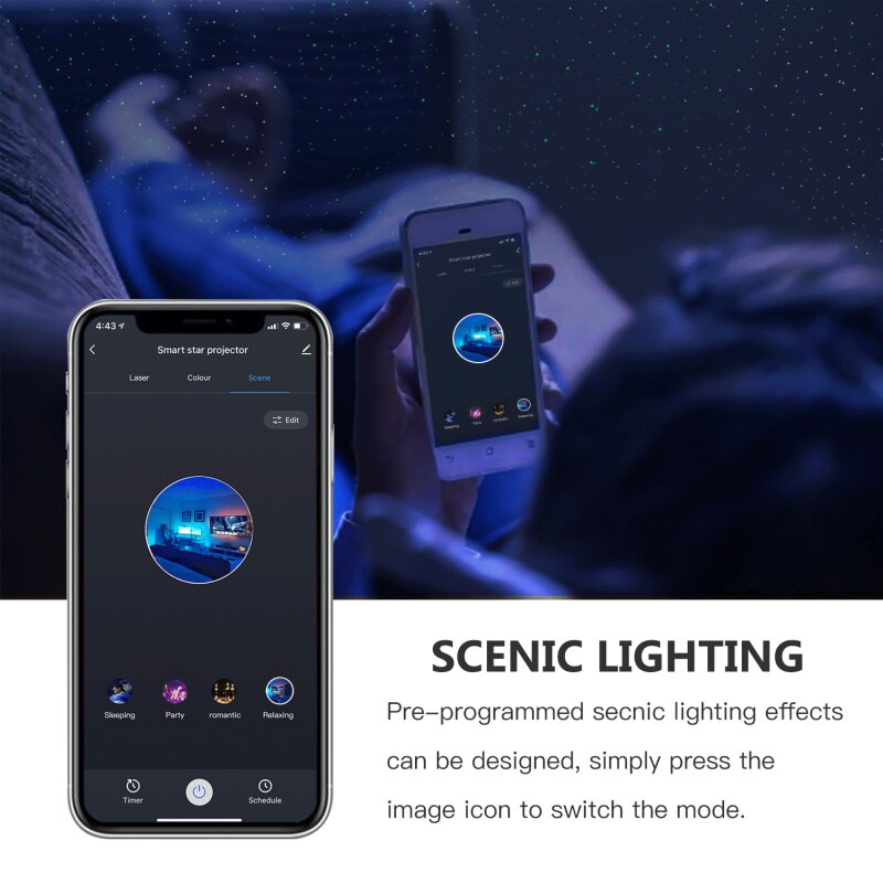 Smart star projector controlled via app on smartphone showing scenic lighting modes like sleeping, party, romantic, and relaxing