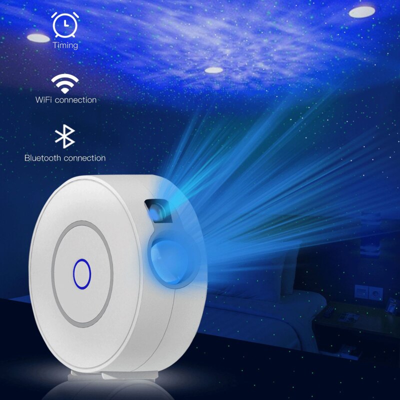 white starry sky projector lamp casting blue galaxy light on bedroom ceiling with timing, WiFi, and Bluetooth