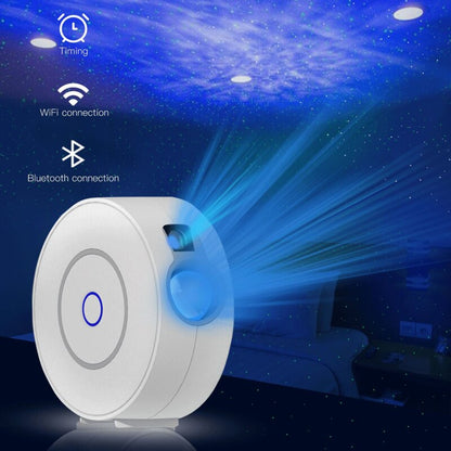 white starry sky projector lamp casting blue galaxy light on bedroom ceiling with timing, WiFi, and Bluetooth