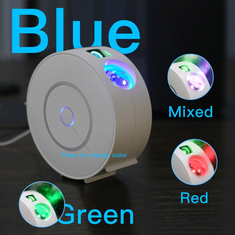White round smart starry sky projector lamp with blue, green, red, and mixed light modes on dark surface