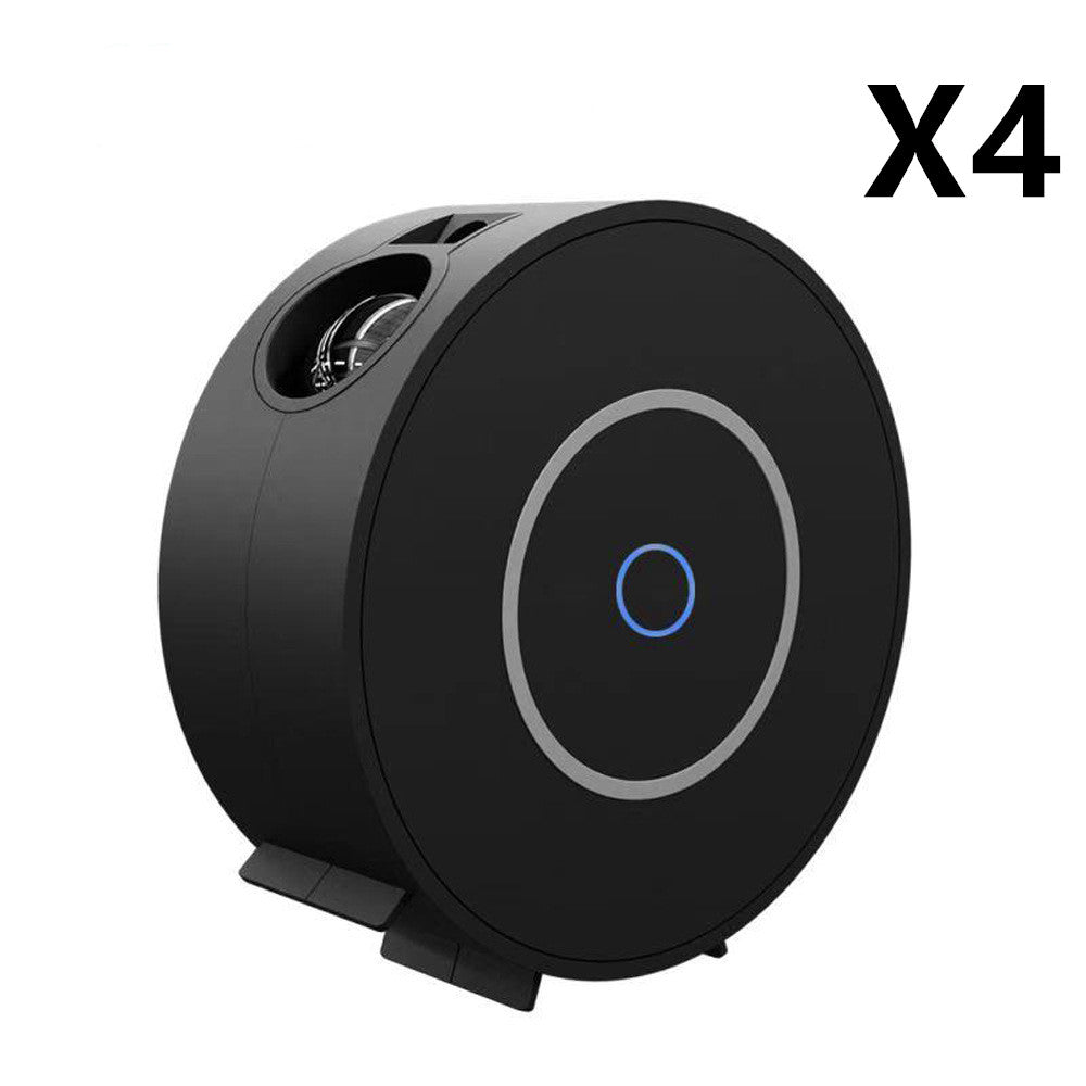 Black circular smart starry sky projector lamp with blue power button and X4 multiplier text