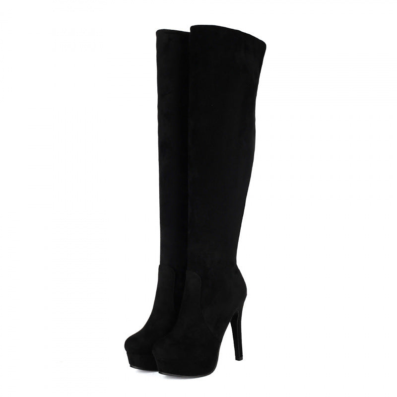 Black suede over-the-knee high heel platform boots with stiletto heels