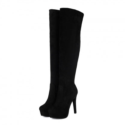 Black suede over-the-knee high heel platform boots with stiletto heels