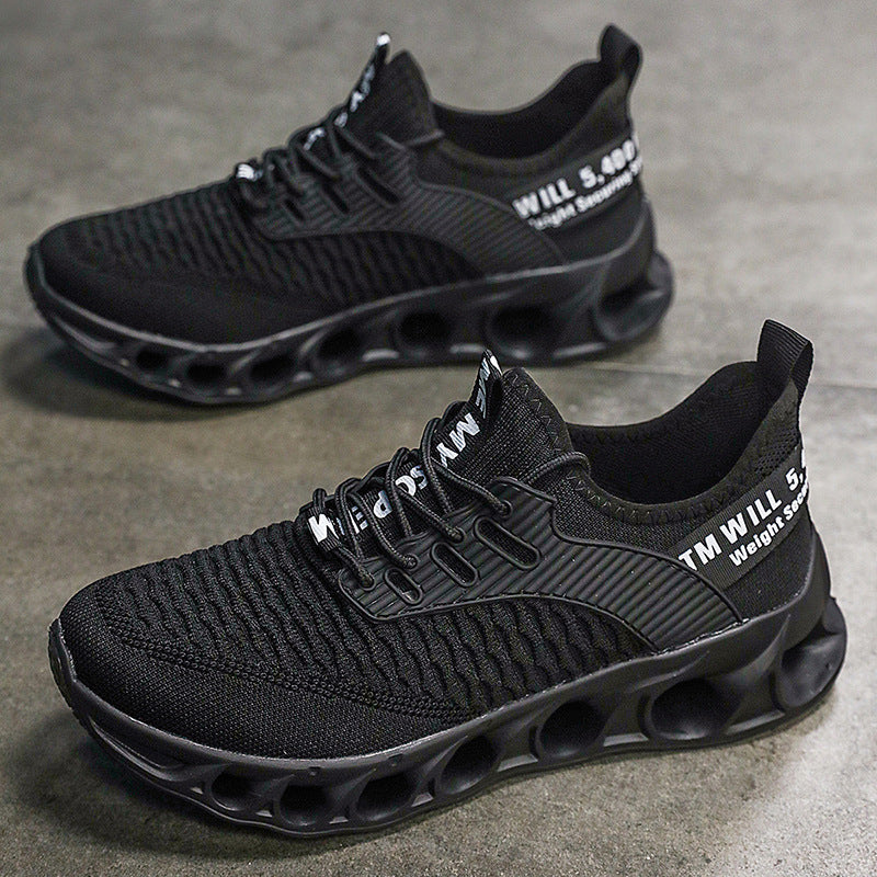 Black breathable mesh men's running shoes with unique hollow sole and white text accents
