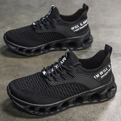 Black breathable mesh men's running shoes with unique hollow sole and white text accents