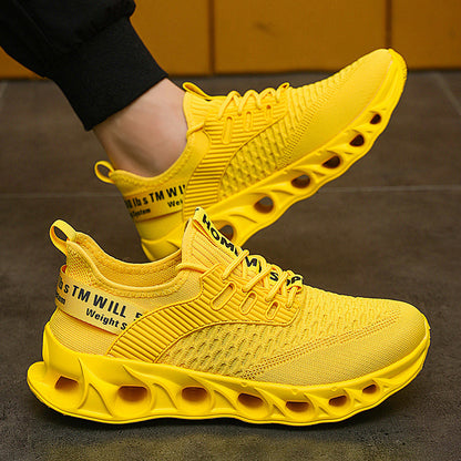 Bright yellow men's breathable mesh running shoes with unique ventilated sole design