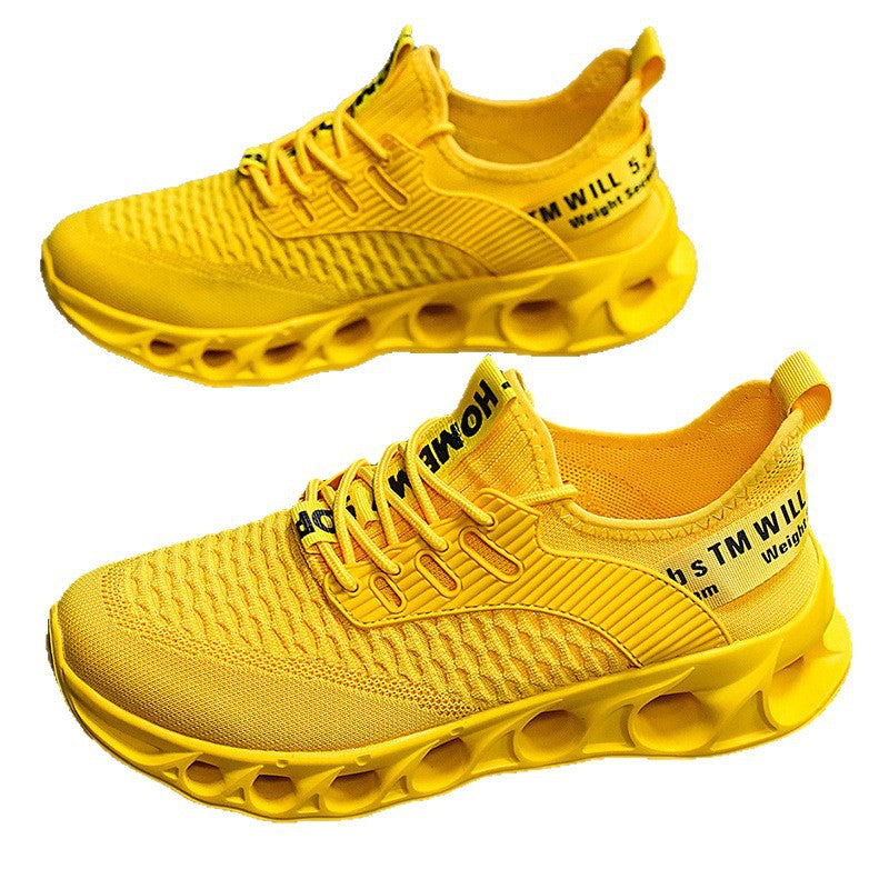 Bright yellow breathable mesh men's running shoes with unique sole and black text details