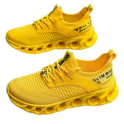 Bright yellow breathable mesh men's running shoes with unique sole and black text details