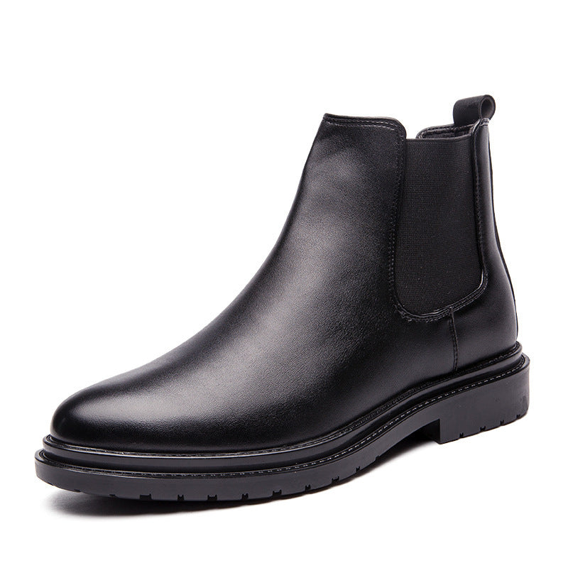 Black men's leather Chelsea boots with high tube, pointed toe, and winter fashion design