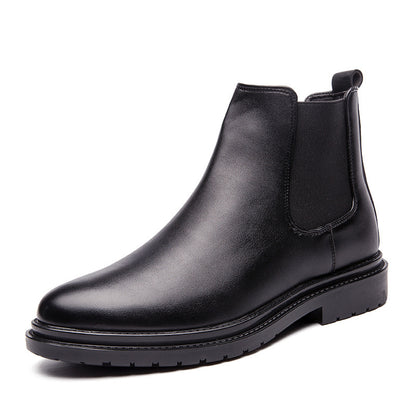 Black men's leather Chelsea boots with high tube, pointed toe, and winter fashion design