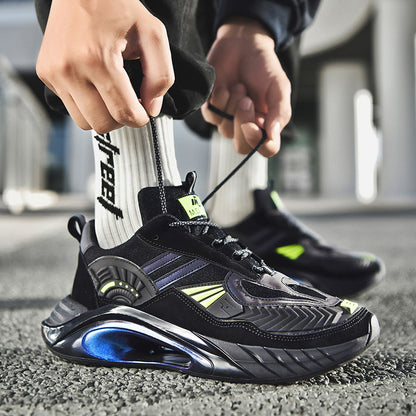 Close-up of hands tying black men's casual running shoes with breathable mesh, neon accents, and cushioned sole