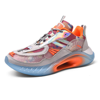 Futuristic multicolor sneaker with mesh, iridescent panels, and translucent blue sole with orange accents