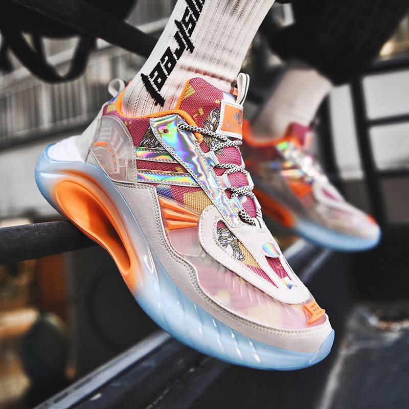 Colorful futuristic sneakers with iridescent and orange accents worn with white socks on metal rail