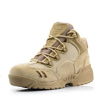 Beige tactical military boot with mesh and suede upper, padded ankle, and rugged sole
