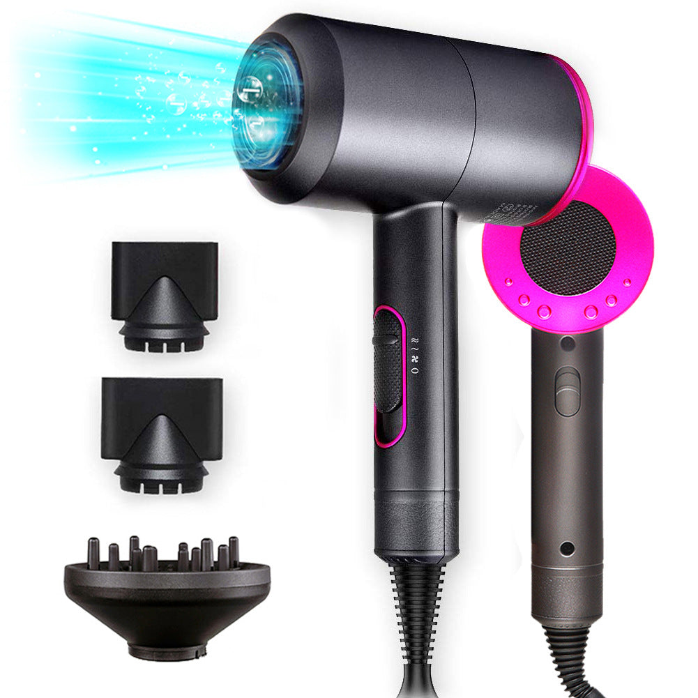 Black and pink 2000W hotel hair dryer with constant temperature, 3 attachments, and cool blue air flow