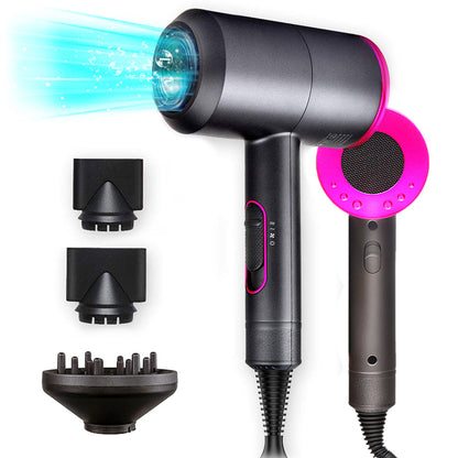 Black and pink 2000W hotel hair dryer with constant temperature, 3 attachments, and cool blue air flow