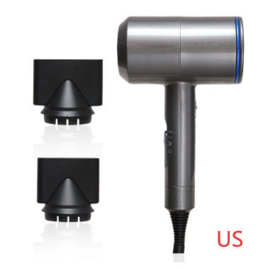 Sleek black hair dryer with blue ring and two black nozzle attachments on white background