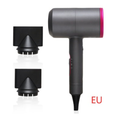 Trendy black hotel hair dryer with pink accent and two black nozzle attachments, EU plug