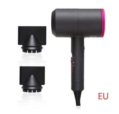 Black hotel hair dryer with pink accent and two black nozzle attachments, EU plug