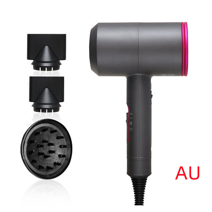 Black and pink hotel hair dryer with two nozzles and a round diffuser attachment, AU plug